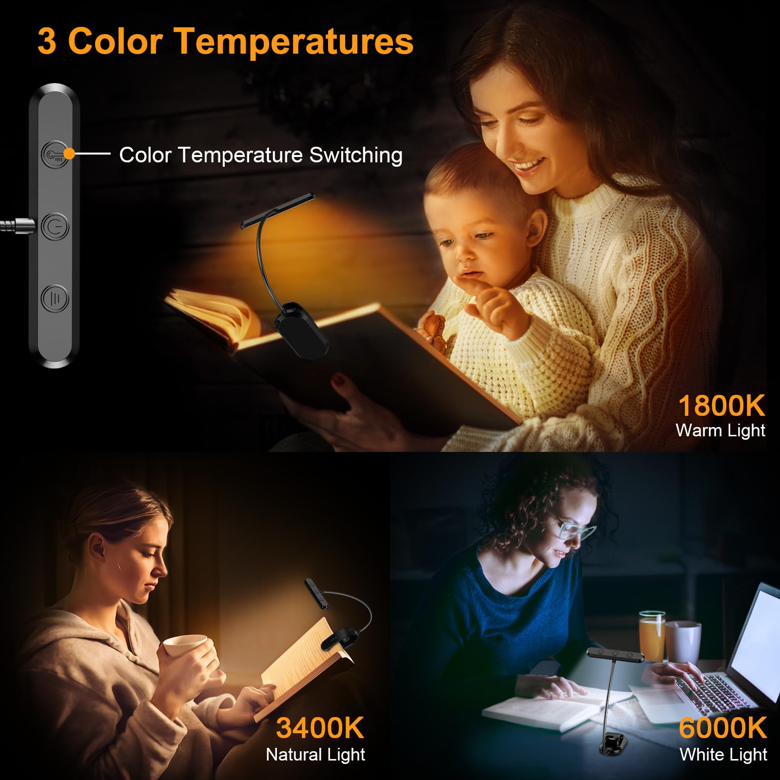Tuzwa Rechargeable Book Light – USB-C Reading Light with 5 Brightness Levels, 3 Color Temperatures & 1200mAh Battery
