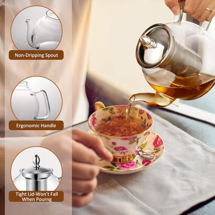 Borosilicate Glass Teapot with Removable Infuser 33 oz, Blooming Tea Steeper Pot