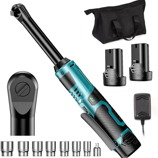 Electric Ratchet Wrench 3/8 Inch, Power Ratchet with 2 Batteries and LED Light, Battery Ratchet for Auto Repair