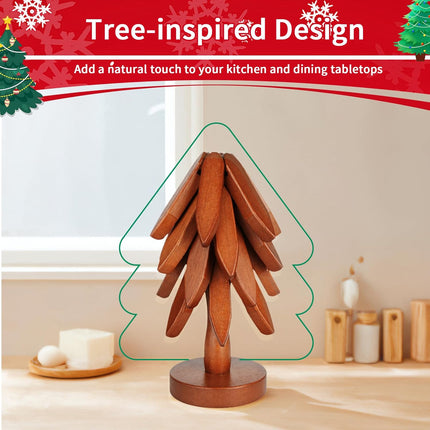 Wooden trivet for hot dishes, foldable tree shaped solid wood trivet mat, expands to 7.8 inches, kitchen