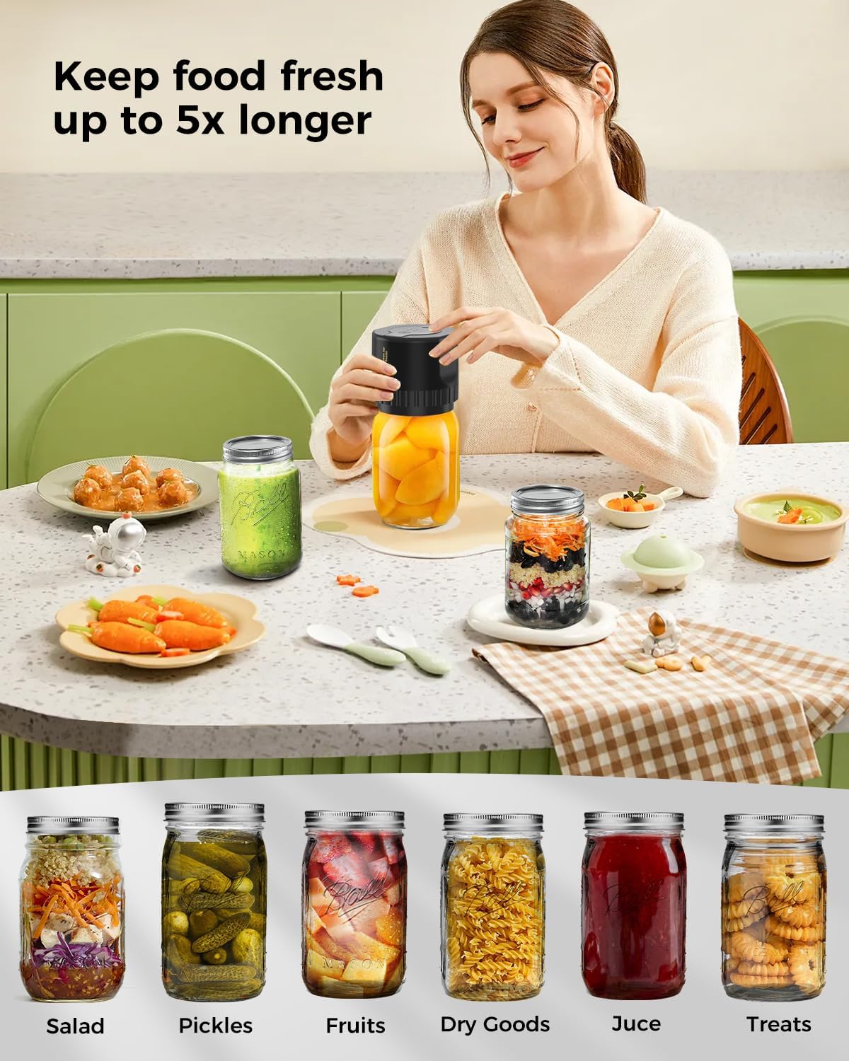 Tuzwa Jar Vacuum Sealer – Compact Electric Vacuum Sealer for Jar Openings up to 3.4", 5W Low-Noise Food Storage Pump