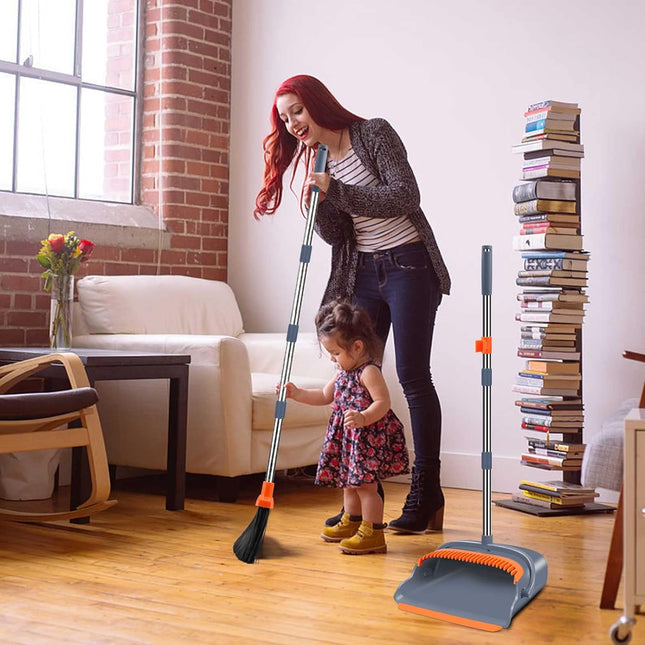 Broom and Dustpan Set Self Cleaning, Angled Broom with Extendable Handle