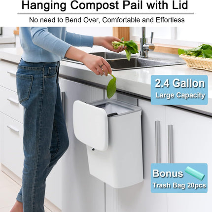 Kitchen Compost Bin for Counter or Under Sink, 2.4 Gallon Hanging Compost Bin with Lid