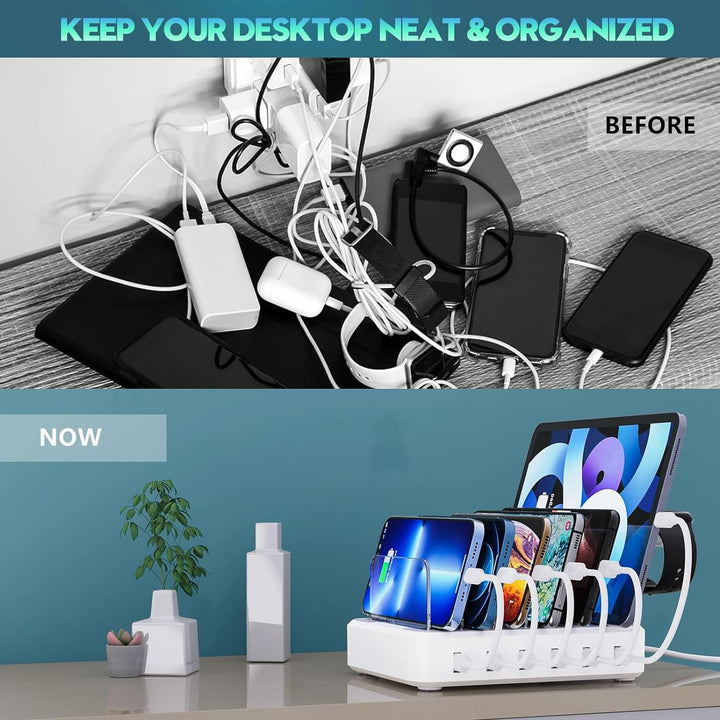 Tuzwa 6-Port USB Charging Station – 60W Multi-Device Charging Dock with 5V/2.4A USB Ports, Adjustable Dividers & Earbud/Watch Holders