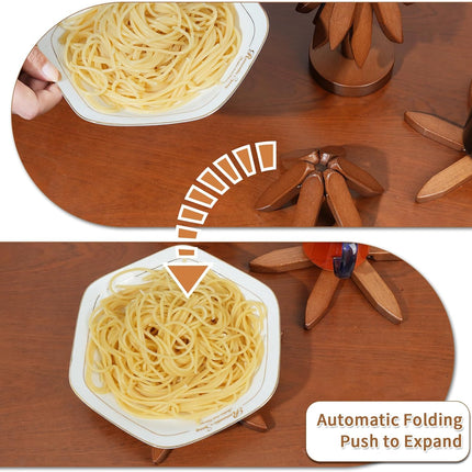 Wooden trivet for hot dishes, foldable tree shaped solid wood trivet mat, expands to 7.8 inches, kitchen