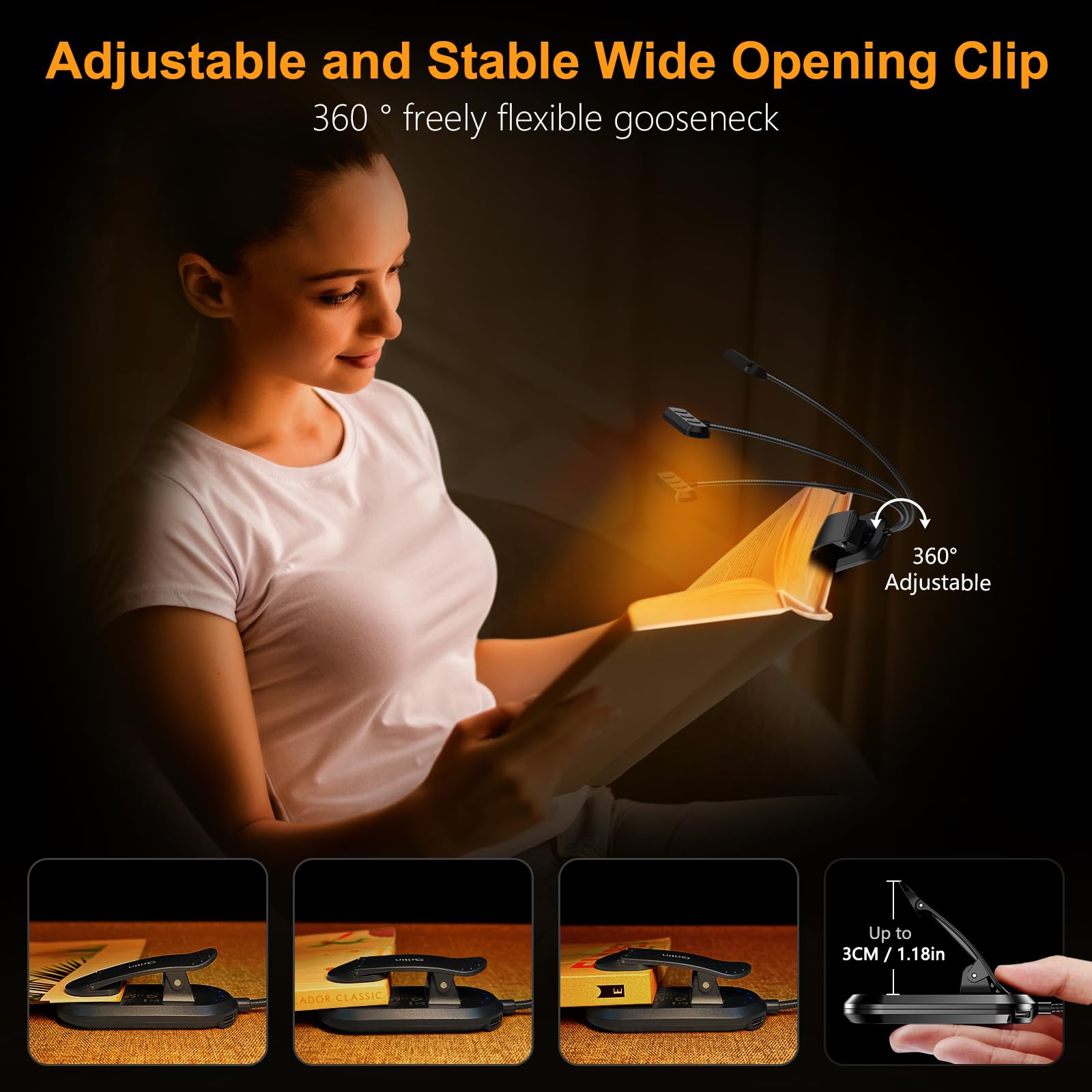 Tuzwa Rechargeable Book Light – USB-C Reading Light with 5 Brightness Levels, 3 Color Temperatures & 1200mAh Battery