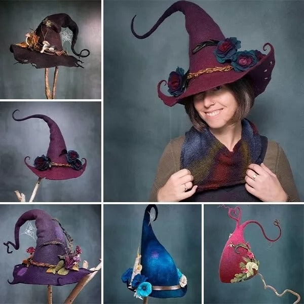 Tuzwa Handmade Wool Witch Hat – 19-Micron Felted Witch Hat with Chiffon Accents, Lightweight Stretch Fit & Nuno Felt Design