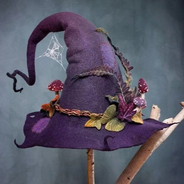 Tuzwa Handmade Wool Witch Hat – 19-Micron Felted Witch Hat with Chiffon Accents, Lightweight Stretch Fit & Nuno Felt Design