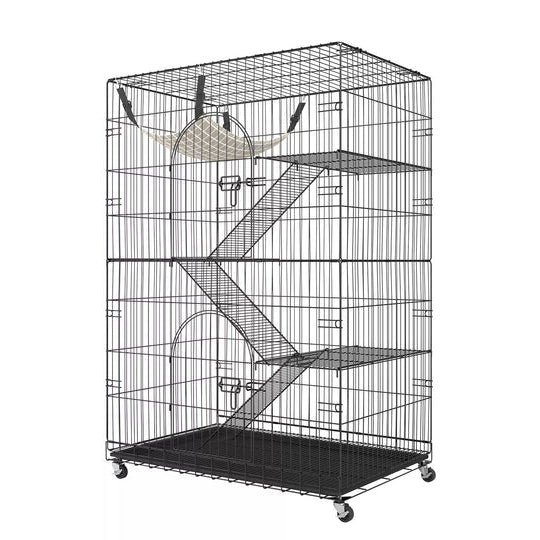 Indoor Cat Cage Enclosure, Cat Playpen with Hammock and Ladders, 4 Tier Metal Cat Kennel on Wheels for 1 to 3 Cats