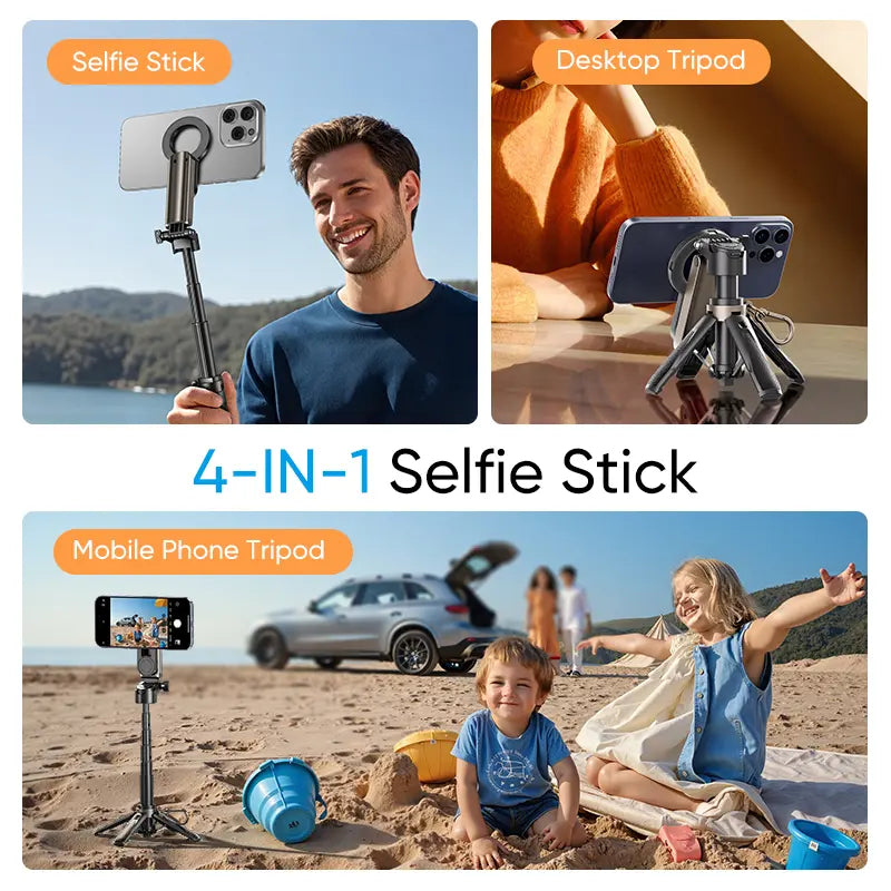 Tuzwa Magnetic Selfie Stick Tripod – N52 Phone Mount with Wireless Remote, 360° Rotation, 225° Tilt, 4-Leg Tripod & Cold Shoe Mount