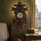 Cuckoo Clock Wooden with Swinging Pendulum, Battery Operated Pendulum Clock in 4 Carved Designs, Vintage Wall Clock