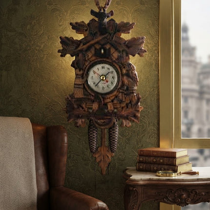 Cuckoo Clock Wooden with Swinging Pendulum, Battery Operated Pendulum Clock in 4 Carved Designs, Vintage Wall Clock