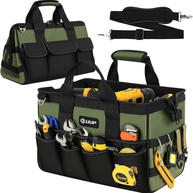 Heavy Duty Tool Tote Bag, Open Top Tool Bag with 16 Pockets and Shoulder Strap, Tool Bag Organizer with Rubber Base