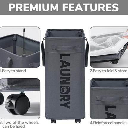 Collapsible Laundry Basket with Wheels, Rolling Laundry Hamper with Mesh Liner Bag