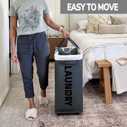 Collapsible Laundry Basket with Wheels, Canvas Laundry Cart with Brakes