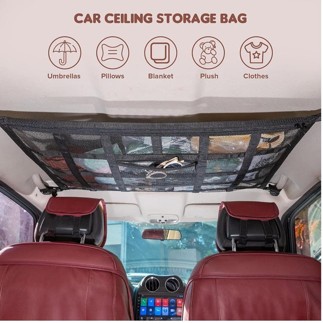 Car Ceiling Cargo Net with Zipper, Car Roof Storage Net with Buckles