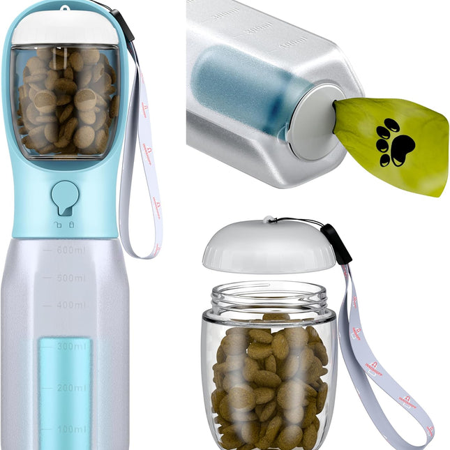 Dog Water Bottle with Food Container, Dog Water Dispenser with Poop Bag Holder, Dog Travel Water Bottle for Hiking