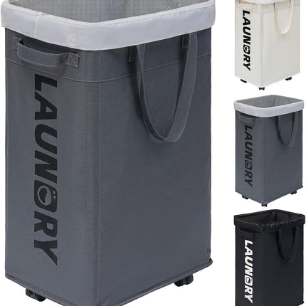 Collapsible Laundry Basket with Wheels, Rolling Laundry Hamper with Mesh Liner Bag, Canvas Laundry Cart with Brakes