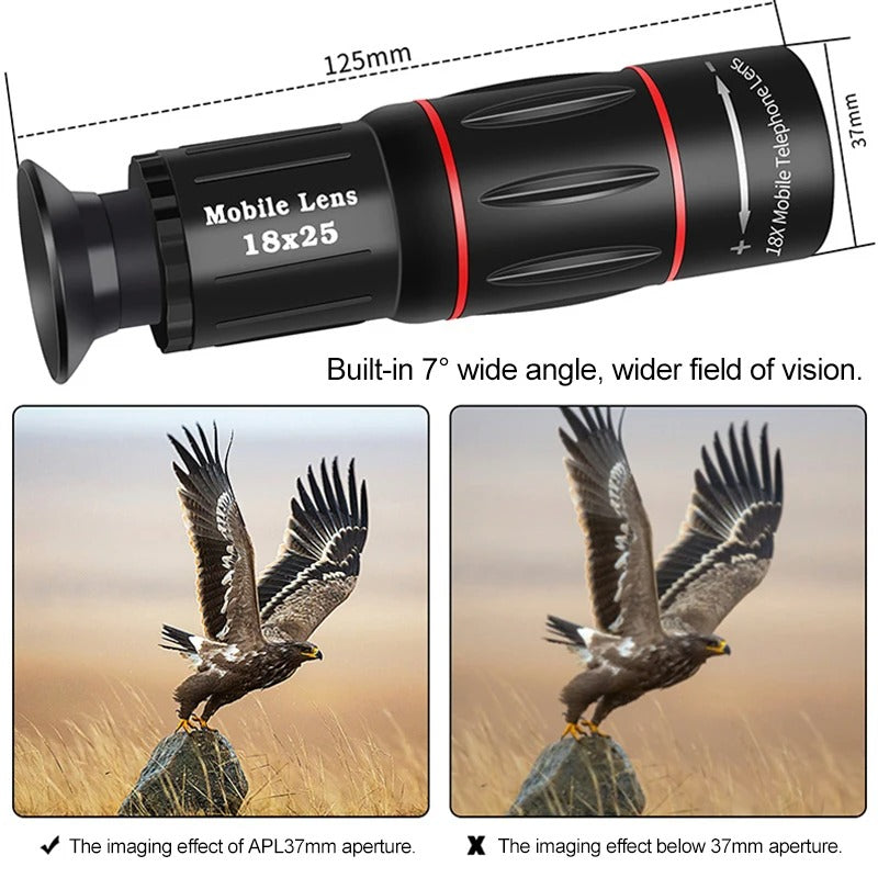 Tuzwa 18X Phone Telescope Lens – Smartphone Telephoto Zoom Lens, 37mm Aperture, Aluminum Body, Universal Clip & Tripod Mount