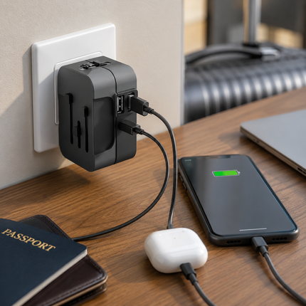 Travel Adapter with Dual USB Charging Ports, international plug adapter for 110V and 220V, black or white