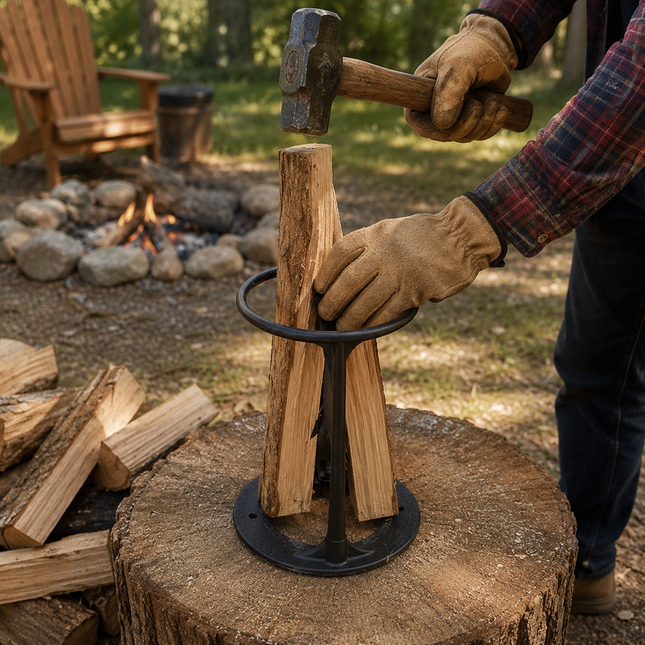 Cast Iron Log Splitter, Manual Firewood Splitting Wedge, Forged Frame, Mounting Holes, Kindling Splitter