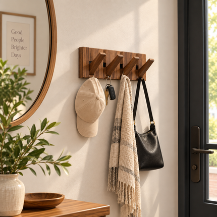 Solid Wood Wall-Mounted Coat Rack, No Drill Hook Rail, 4 or 6 Hooks, Light or Dark, Entryway Organizer