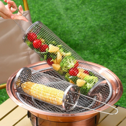 Round Stainless Steel BBQ Grill Basket with Locking Lid and Long Handle, Grill Basket for Fish and Shrimp – image 4