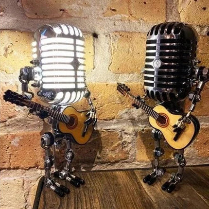 Vintage Metal Microphone Robot Lamp with Guitar, Adjustable Retro Desk Light for Music Room, Studio and Bedroom Decor