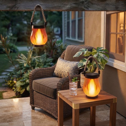 Solar Lanterns Outdoor, Hanging Lantern with Flickering Flame Light, Rechargeable Solar Porch Light and Deck Light