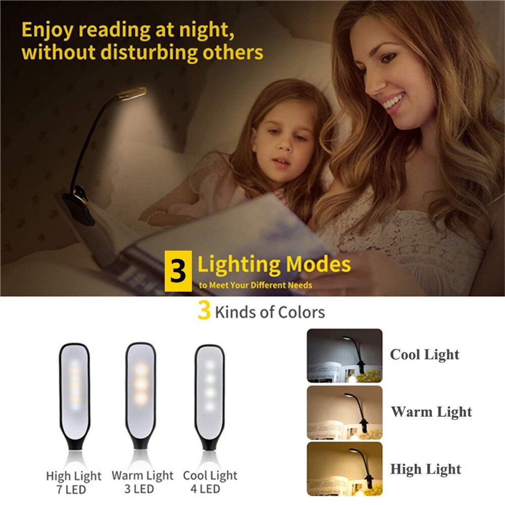 Tuzwa Rechargeable Clip-On Reading Light – 3 Color Modes, Adjustable Brightness, 9 LEDs, 1000mAh Battery & USB Charging