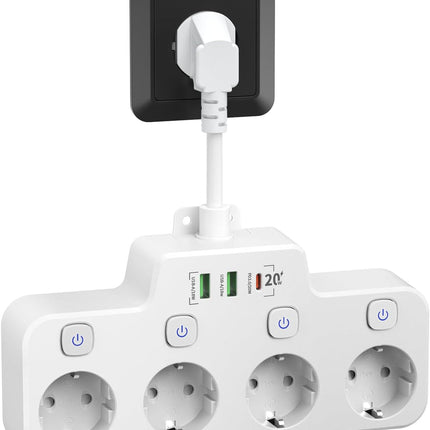 Wall Mounted Rotatable Power Strip, 3 Outlets, 2 USB A and 1 USB C Ports, Independent Switches, Overload Protection, Black White Gray