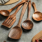 Wooden Kitchen Utensil Set, Teak Cooking Utensils, Wooden Spoons for Cooking, Wooden Spatula and Ladle for Nonstick Pans