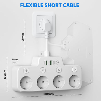 Wall Mounted Rotatable Power Strip, 3 Outlets, 2 USB A and 1 USB C Ports, Independent Switches, Overload Protection, Black White Gray