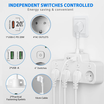 Wall Mounted Rotatable Power Strip, 3 Outlets, 2 USB A and 1 USB C Ports, Independent Switches, Overload Protection, Black White Gray