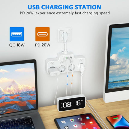 Wall Mounted Rotatable Power Strip, 3 Outlets, 2 USB A and 1 USB C Ports, Independent Switches, Overload Protection, Black White Gray