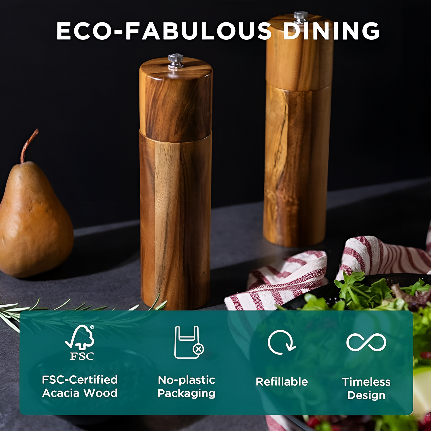 Acacia Wood Spice Grinder Set with Adjustable Coarseness | Elegant Salt and Pepper Mills for Flavorful Meals 2