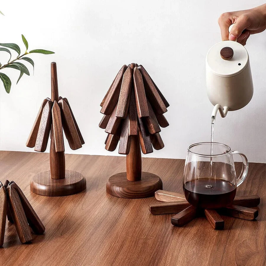 Artisan Wooden Coasters for Drinks with Tree Holder | Elegant Walnut Design for Stylish Surface Protection 0