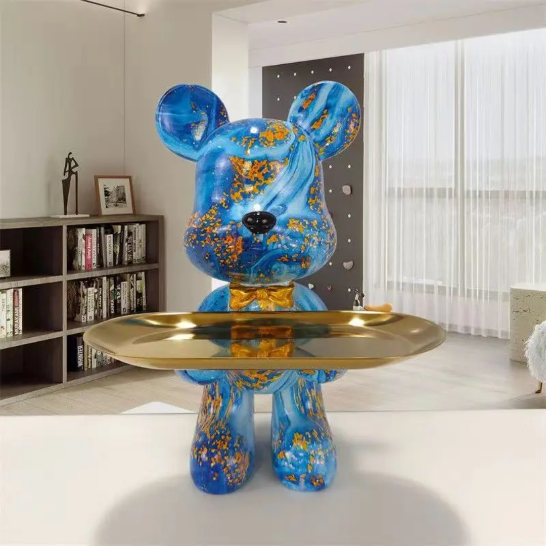 Artistic Bear Figurine | Modern Blue and Gold Decor with Luxurious Finish | Unique Accent for Contemporary Interiors 0