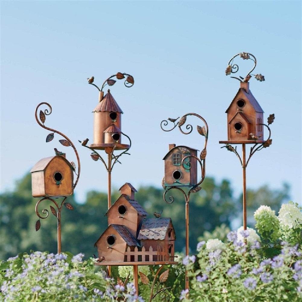 Artistic Metal Garden Stake Birdhouse with Durable Design | Unique Outdoor Decor for Bird Lovers 0