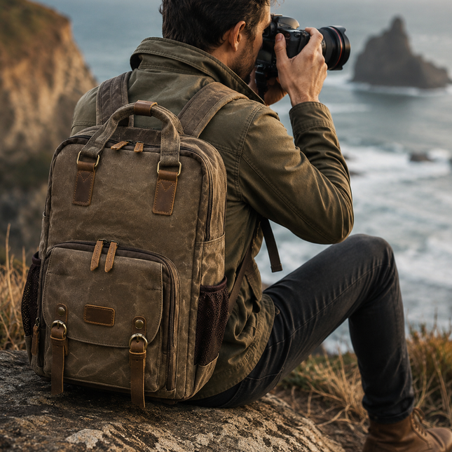 Camera Bag for Men, Waxed Canvas Camera Backpack with Laptop Compartment, Vintage DSLR Camera Bag for Travel Photography