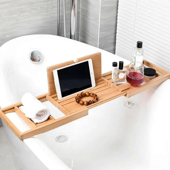 Bamboo Bath Caddy Tray | Adjustable Design with Wine Glass Holder | Perfect for Relaxation 0