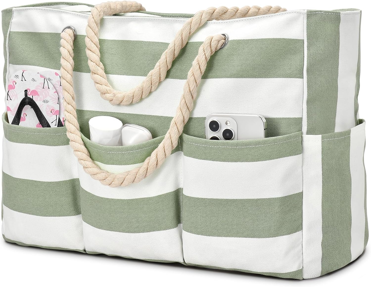 Beach Bliss | Large Canvas Beach Tote Bag with Waterproof Design | 7-Pocket Storage for Sand-Free Fun 0