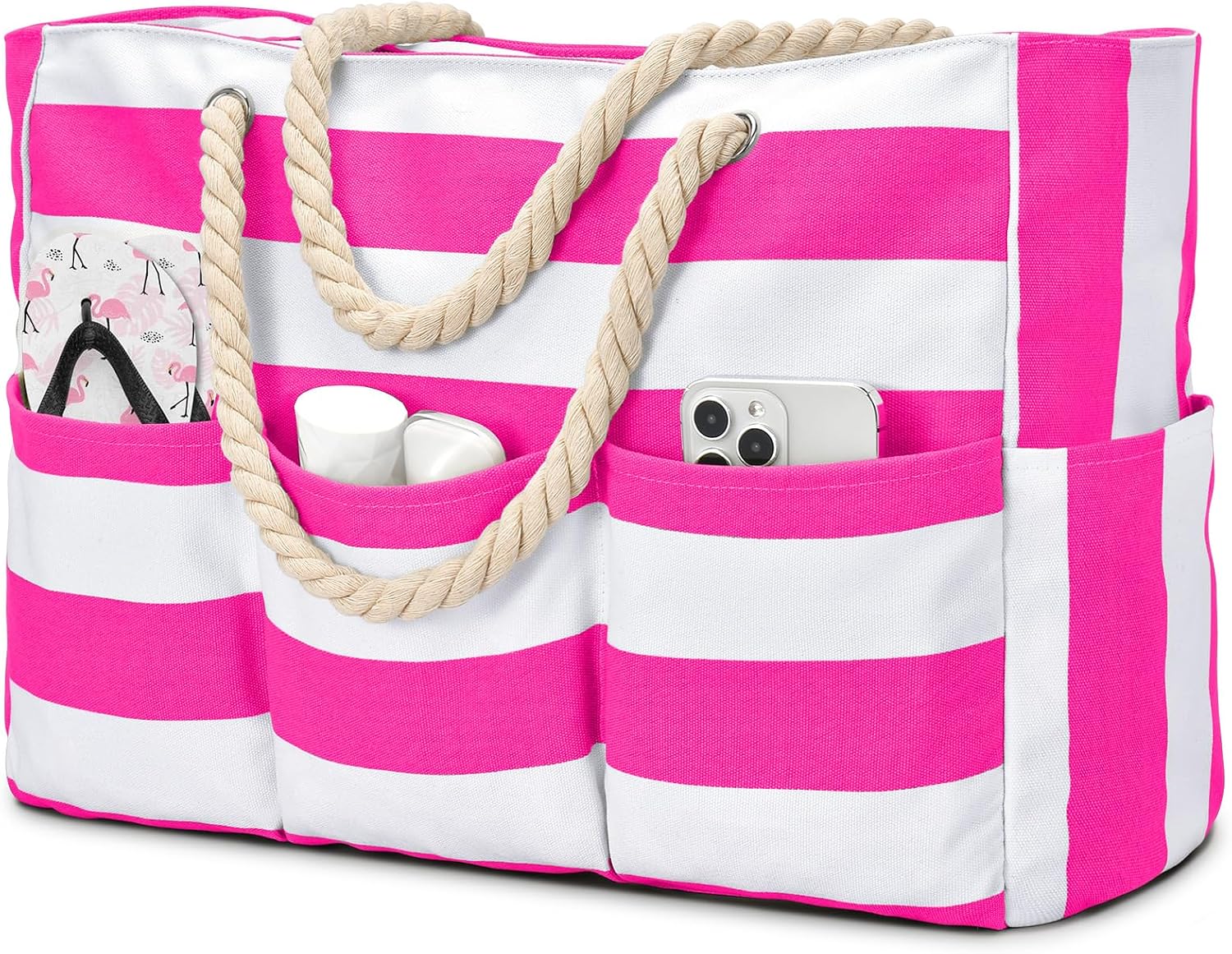 Beach Bliss | Large Canvas Beach Tote Bag with Waterproof Design | 7-Pocket Storage for Sand-Free Fun 15