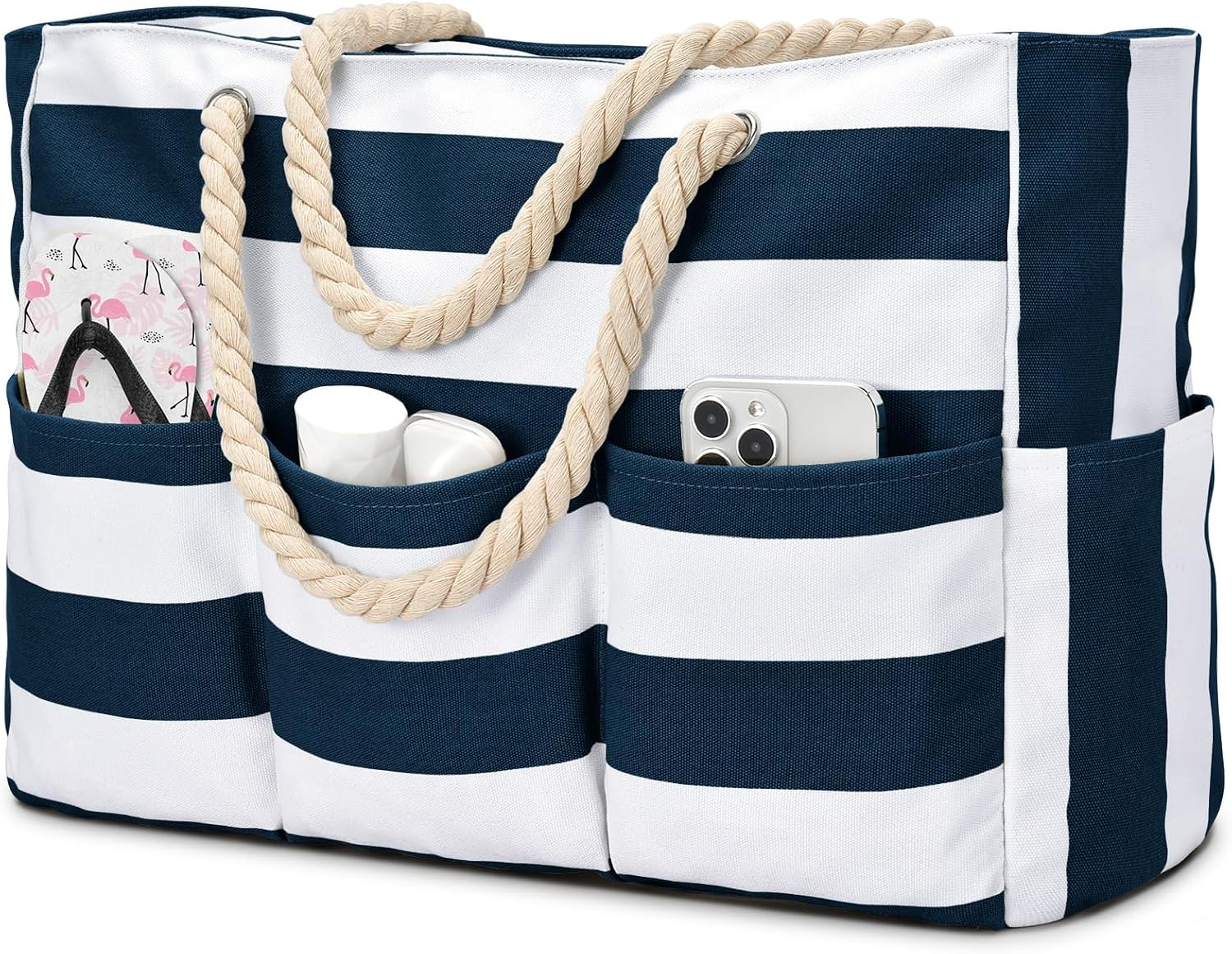 Beach Bliss | Large Canvas Beach Tote Bag with Waterproof Design | 7-Pocket Storage for Sand-Free Fun 17