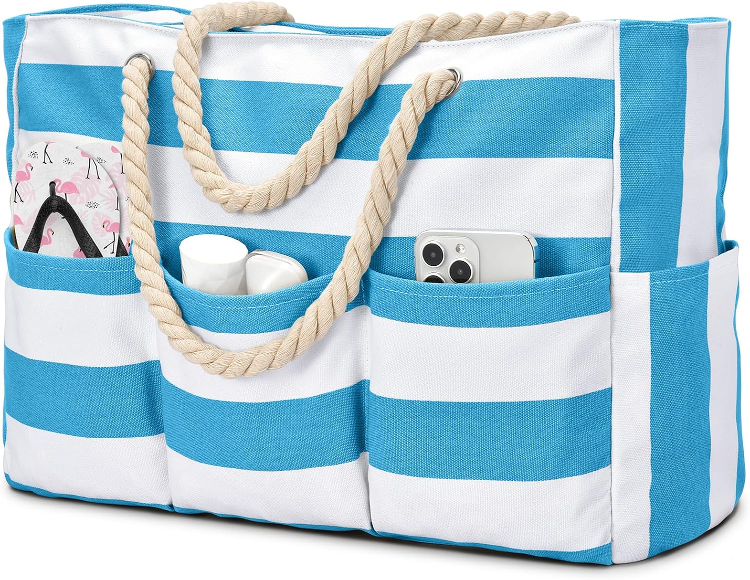 Beach Bliss | Large Canvas Beach Tote Bag with Waterproof Design | 7-Pocket Storage for Sand-Free Fun 7