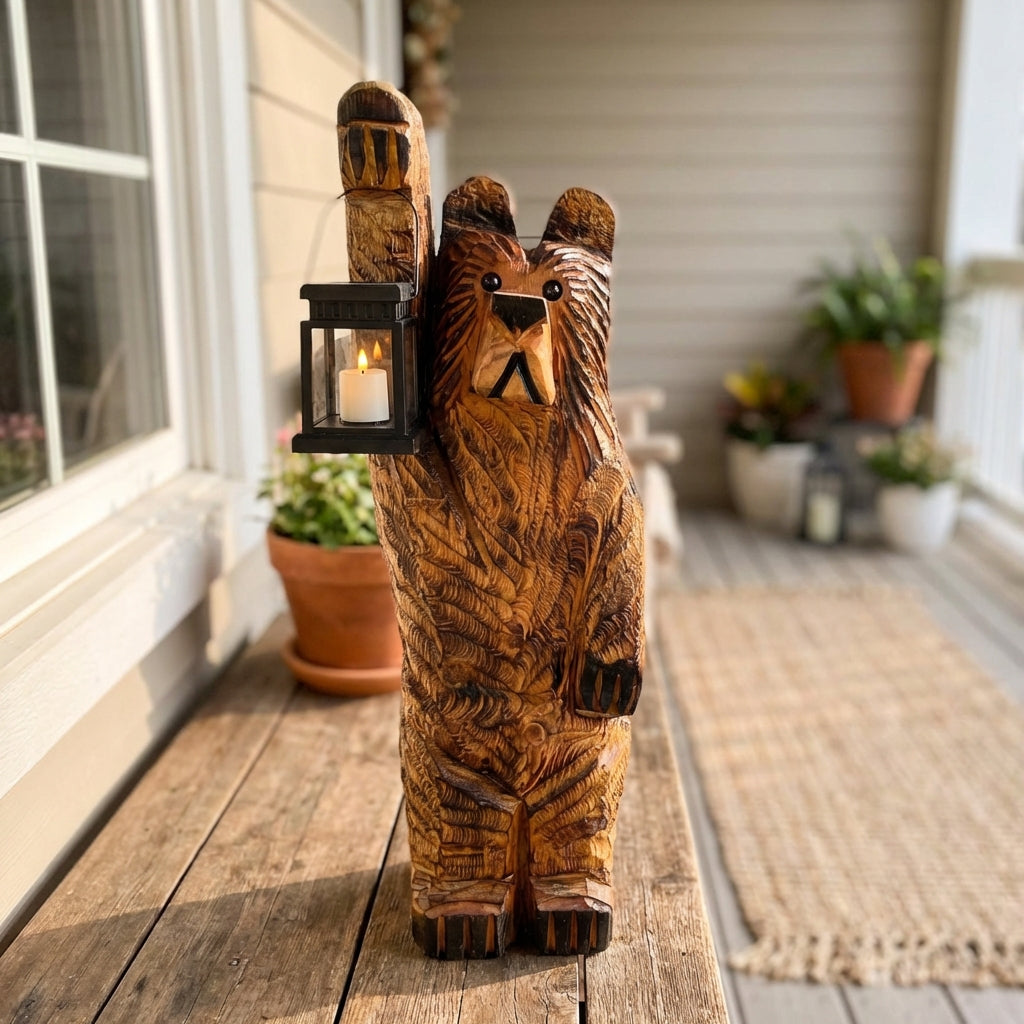 Bearlume | Carved Bear Lantern Statue with Solar Power & Flickering Effect | Rustic Outdoor Decor for Cozy Ambiance 0