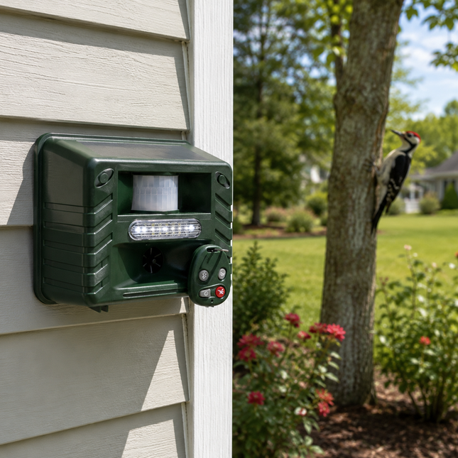 Bird Deterrent Device for Woodpeckers, Solar Bird Repeller with Flashing Light and Sonic Alarm, Woodpecker Deterrent