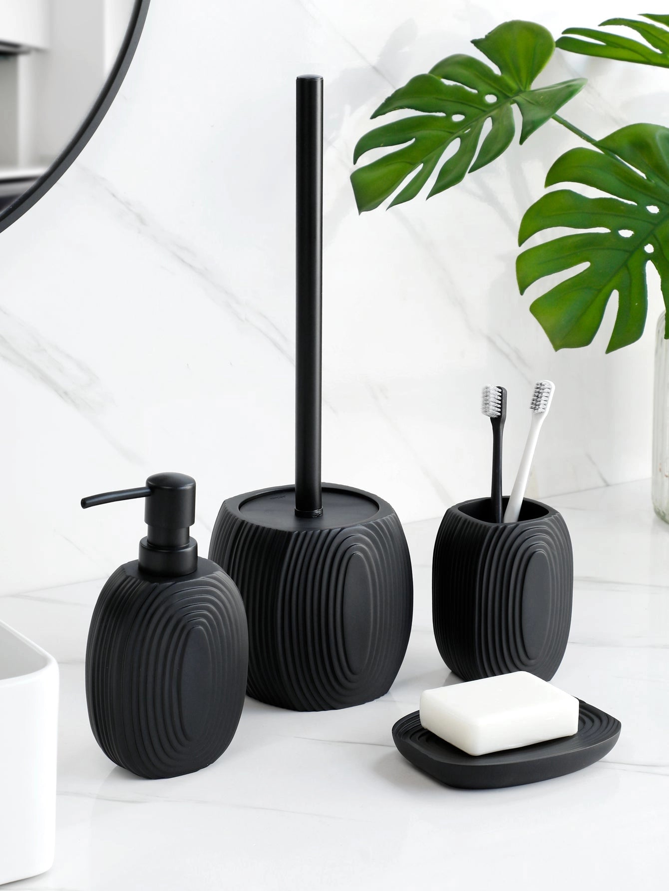 Black Ribbed Bathroom Set with Wall-Mount Design | Modern Minimalist Accessories for Stylish Organization 0