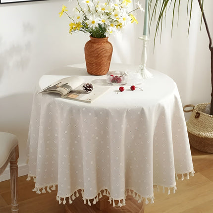 Botanical Linen Tablecloth with Tassel Trim | Elegant Design for Dining Spaces 0