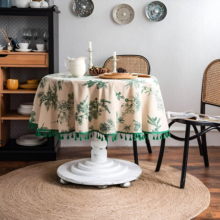 Botanical Linen Tablecloth with Tassel Trim | Elegant Design for Dining Spaces 1